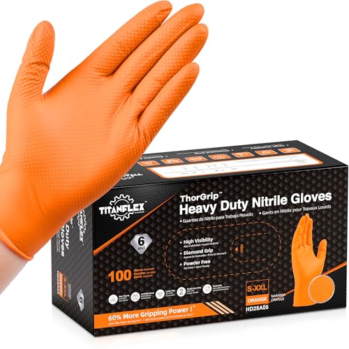TitanFlex Heavy Duty Orange Nitrile Gloves, 6 Mil, Raised Diamond Texture, Mechanic Disposable Gloves, Latex Free Powder Free - color: 6-mil (100-ct), size: Large