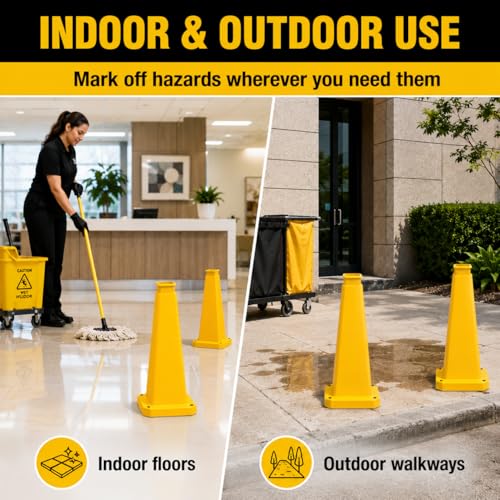 BESEA 6 Pack 28 Inch Yellow Traffic Cones with Weighted Base - color: Yellow, size: 28INCH