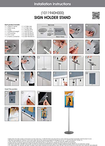 M&T Displays Sign Holder Stand, Silver 22x28 Inch Poster Frame Double Sided Slide-In Aluminum Easy Loading Floor Standing Pedestal Advertisement Post Commercial Menu Holder Round Heavyweight Base