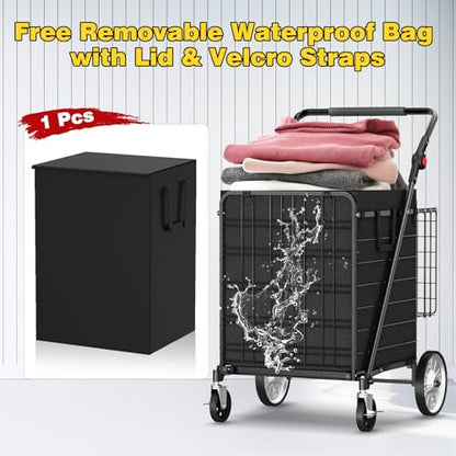 XINGLANG Heavy Duty Folding Shopping Cart – 5.7 Cu Ft, 600 lbs Capacity, Double Basket & Removable Waterproof Liner, 360° Swivel Wheels with Brakes, Adjustable & Rotating Handle for Laundry & Grocery - size: Gigantic