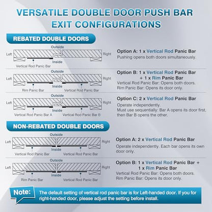 IRONWALLS 32" Panic Bar with Vertical Rod & 2-Pack 27.5" Commercial Door Push Bar Panic Exit Device with Door Lever Keyed Different, Heavy Duty Stainless Steel Panic Exit Hardware for Double Doors