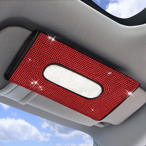 Bling Car Sun Visor Tissue Box Holder, Napkin and Face Mask Storage Box for Cars, Upgraded PU Leather Tissue Box with Crystal Rhinestones, Car Decoration Accessories for Women (Red) - color: Red