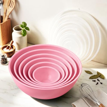 BoxedHome BPA Free Plastic Round Mixing Bowl with Lids, 12 Pack Nesting Bowls with Lids Set, Microwave and Dishwasher Safe Prep & Serving Bowls Great for Mixing, Baking, Serving (Pink, 12pcs) - color: Pink