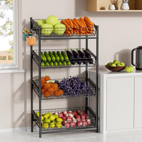 VOPEAK 4 Tier Retail Snack Display Stand, Metal Retail Display Rack with 2 Hooks, Potato Storage Rack, Concession Stand Candy Organizer, Easy Assembly Fruit Basket, Snack Organizer for Pantry, Office