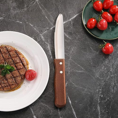 New Star Foodservice 10 Inch Steak Knife Set of 12, Jumbo Serrated Stainless Steel Knives with 5 Inch Rounded Blades and Wood Handles