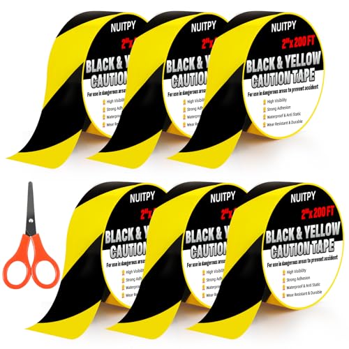 6 Roll Black & Yellow Caution Tape, 2in x 1200 FT Total Length Safety Tape - size: 2 inch x 200 feet x 6 rolls