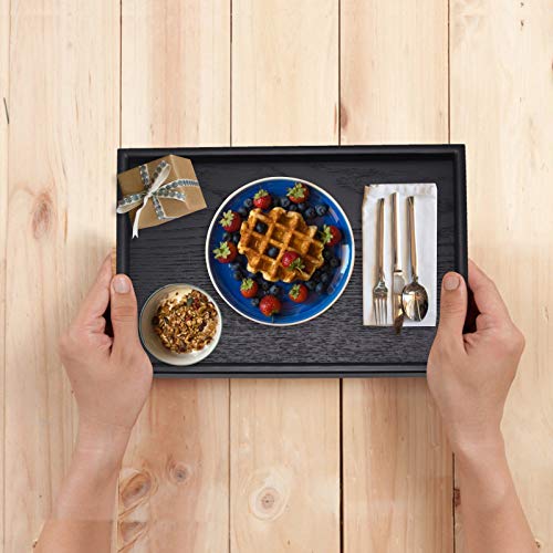 Solid Wood Serving Tray Rectangle Non-Slip Tea Coffee Snack Plate Food Meals Serving Tray with Raised Edges for Home Kitchen Restaurant(11.8x7.9x0.8, Black)