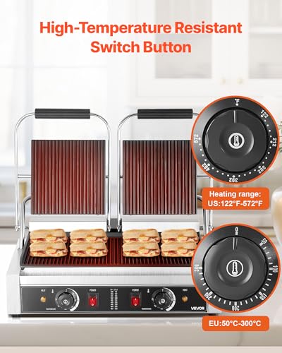VEVOR Commercial Panini Grill, 3600W Electric Sandwich Panini Maker, Stainless Steel Double Sandwichs Press with Handle and Temp Control, 19x9 in Full Grooved Enamel Plate, for Hamburger Steak Bacon