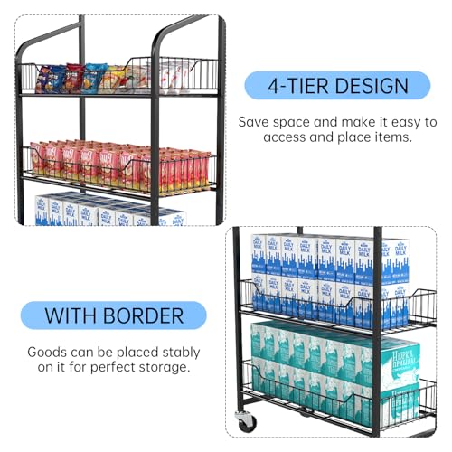 5 Tier Retail Display Rack, Snack Organizer Stand With Wheels & Hooks, Candy Potato Chip Metal Wire Display Shelf Cart for Supermarket and Home Kitchen, Black (55 * 23.8 * 10.4)