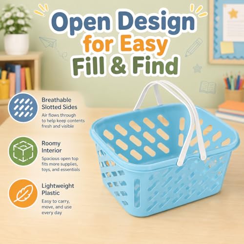 NUOBESTY 1Pc Shopping Basket Toy, Mini Grocery Bin with Handles Kids Pretend Play Blue Plastic Basket for Role Play, Toy Storage, Party Favors (10.24 x 6.69 x 5.12 in)