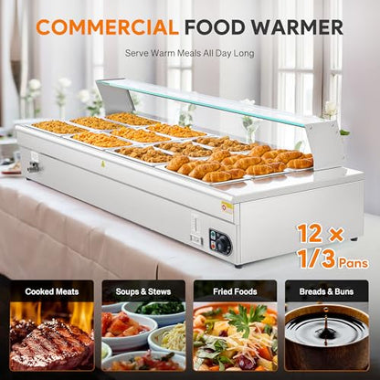 WILPREP 12-Pan Commercial Food Warmer with Sneeze Guard, Twelve 1/3 Pans, 1500W Countertop Electric Steam Table, 86-185°F Adjustable Temp Control, Stainless Steel Buffet Bain Marie - size: 1/2 pan*12