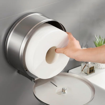 Commercial Jumbo Toilet Paper Dispenser, Brushed Stainless Steel Large Roll Bathroom Tissue Holder Wall Mount, 9” Diameter Lockable Dispenser with Key for Business Restrooms - color: Brushed Silver