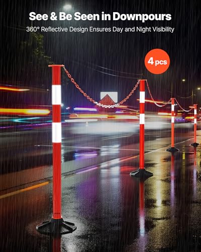 VEVOR 4 Pack Traffic Delineator Posts, 34 in Traffic Safety Cones with Weighted Base, Reflective Strips and Chain, Heavy Duty Delineator Posts for Construction Site, Parking Lot, Crowd Control, Red - size: 4 Pack