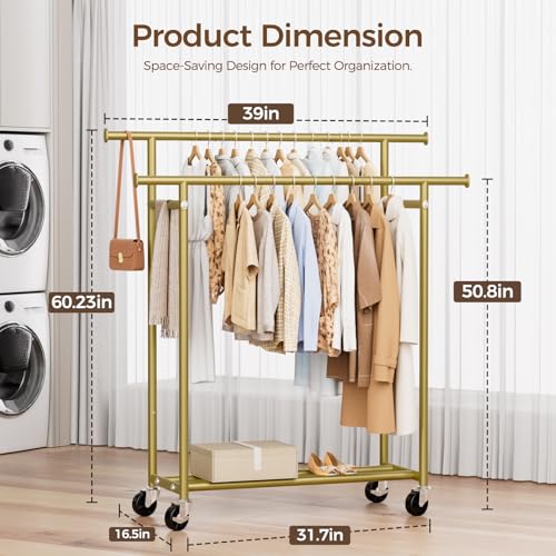 HYSEYY Clothes Rack, Double Rods Rolling Clothing Rack for Hanging Clothes, Portable Garment Rack with Wheels, Coat Rack Wardrobe Closet Load 240 LBS for Bedroom Laundry Room (Glod, L) - color: Glod