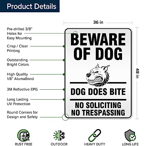 Beware of Dog, Dog Does Bite No Soliciting No Trespassing Sign, 36x48 - size: 36x48 - DiBound Reflective