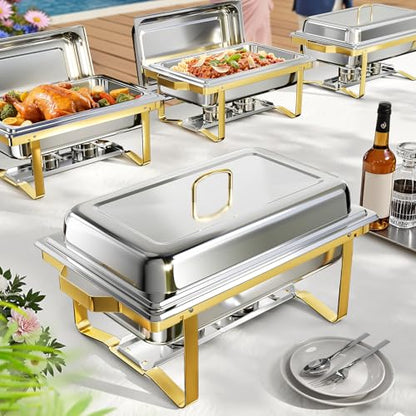 Chafing Dishes for Buffet 4 Pack, 9QT Chafing Dish High Grade Stainless Steel Chafer Complete Set,Steel Handle, Catering Events Complete Buffet Warmer Set (Golden, 4) - color: Golden, size: 4