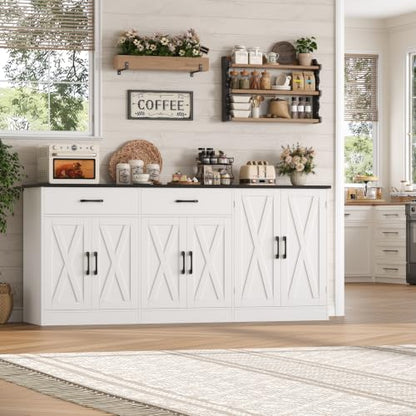 HOSTACK 71" W Kitchen Buffet Cabinet with Storage, Large Coffee Bar Cabinet - color: White/Black