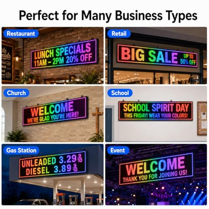 P10 Outdoor LED Message Board 77"x14" - WiFi Programmable Scrolling Text Display, High Brightness Business Sign with SMD Technology for Store Front - size: P10 77"x14"