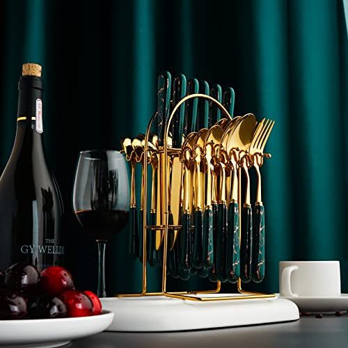 24-Piece Gilded Stainless Steel Flatware Set,Kitchen Utensil Tableware Cutlery Set Service for 6, Steak Cutlery Set for Home and Restaurant (Dark Green) - color: Dark Green