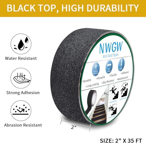 Black Anti-Slip Stair Treads Tape,2" x35FT Heavy Duty PVC Non-Skid Grip Tape for Wooden Steps, Indoor/Outdoor Stairs, Pool Decks - Peel & Stick Waterproof Safety Traction - color: Black, size: 2 IN