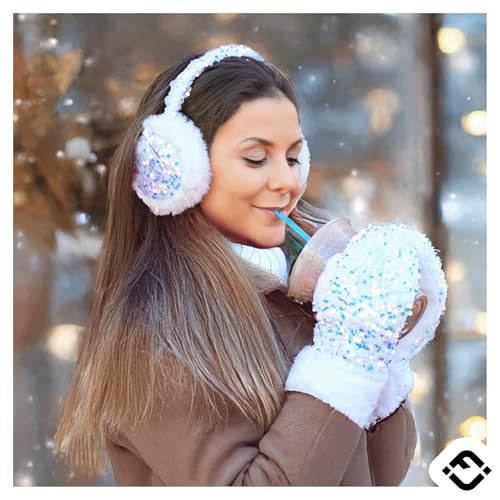 Funky Junque Women’s Winter Earmuffs - Cable Knit & Sequin - color: Sequin - White