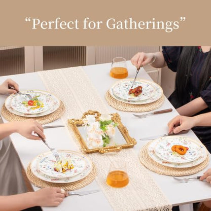 Bone China Dinnerware Set for 4, 12 Pcs Floral Plates and Bowls, Gold Rim - color: pestel blossoms