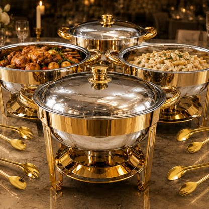 Chafing Dishes for Buffet, 4 Pack 7QT Round Gold, Pre-Assembled Stands - color: Gold