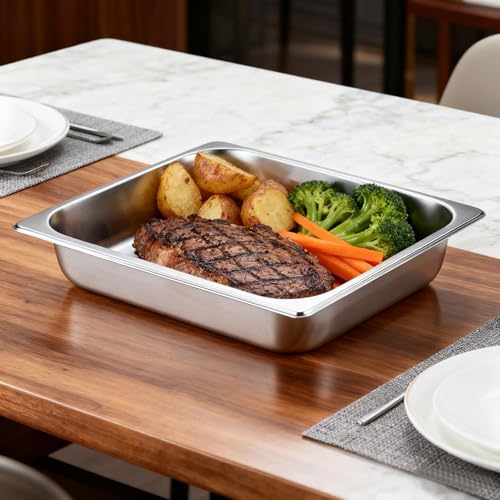 4 Pack Half Size Hotel Pan, 1/2 Size 2.5 Inch Deep Stainless Steel Steam Table Pan, Stackable Steam Pan, Half Pans for Chafing Dishes, Breading Trays for Home, Party, Hotel, Buffet