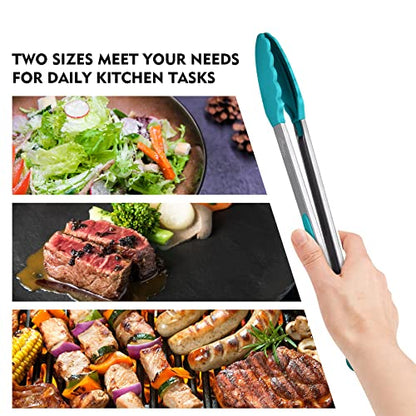 HOTEC Stainless Steel Kitchen Tongs with Silicone Tips, Set of 2-9" and 12" - color: Blue:12+9inch