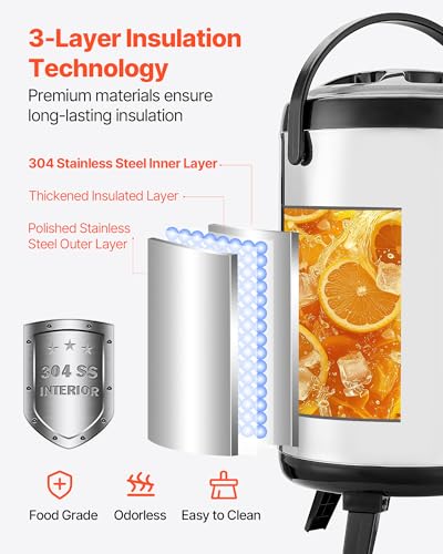 VEVOR Insulated Beverage Dispenser, 2 Gal/7.6L Stainless Steel Thermal Drink Server with Spigot & Temp Display, Suitable for Hot and Cold Drinks, for Tea Coffee Water in Cafes & Restaurants, Silver - size: 2 Gal (1 Pack)