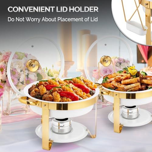 ROVSUN 6QT Chafing Dishes for Buffet 4 Pack, [Game Changer Maifanite-Coated] Chafing Dish Buffet Set, [Unique White & Gold Color] Chafers and Buffet Warmers Sets with Lid Holder for Party Wedding - color: White-gold
