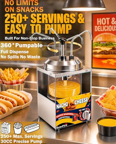 Nacho Cheese Dispenser with Stainless Steel Pump, 2.8 Qt Cheese Sauce Warmer with 6-Level Thermostat (86–194°F) – Commercial Electric Warmer for Hot Fudge, Chocolate, Caramel, Chili, Peanut Butter
