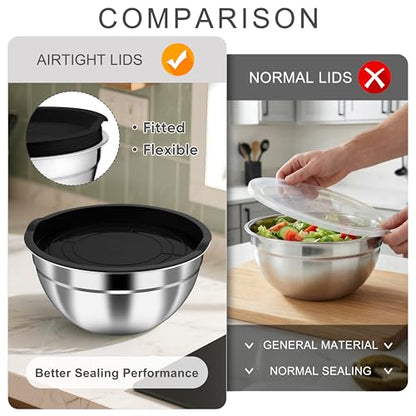 HaWare Mixing Bowls with Airtight Lids, 6-Piece Stainless Steel Salad Bowls - color: Black, size: Airtight Lids