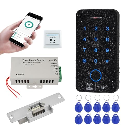 WiFi Tuya Fingerprint Access Control System Kits Biometrics Waterproof RFID Keypad 125KHz 13.56MHz with Electric Strike Door Lock, DC12V3A Power Supply, 10pcs RFID Keyfobs Tags