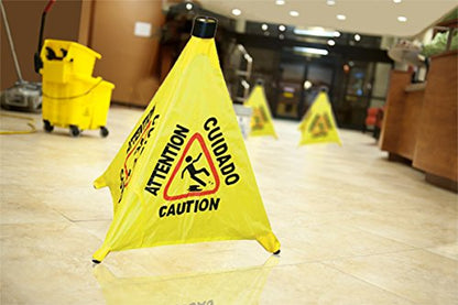 Tiger Chef Commercial 19 1/2 inches Pop-Up Safety Cone with Storage Tube Multi-Lingual Caution Imprint and Wet Floor Symbol, Yellow