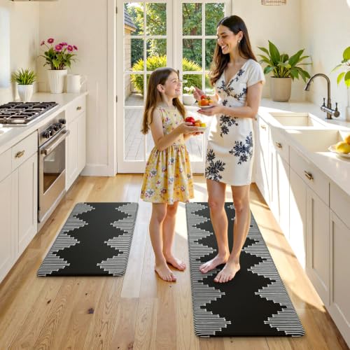 KIMODE Anti Fatigue Kitchen Mats,Black Boho Kitchen Rugs,Standing Desk Mats - color: Black Diamond, size: 17.3" x 47"+17.3" x 29"--0.47 inches