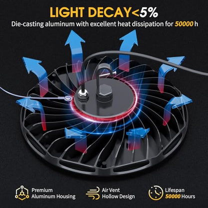Elaruslux 200W 8 Pack UFO LED High Bay Light with Reflector 28,000lm 5000K LED High Bay Lights AC110-277V 5' Cable with Plug Waterproof UFO Lights for Garage Shop Gym Factory - size: 8 Pack