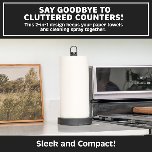 Stainless Steel Paper Towel Holder with Spray Pump – One-Handed Tear, Smart Traction System with Heavy Duty Suction Cups (Black, Spray Pump) - color: Black