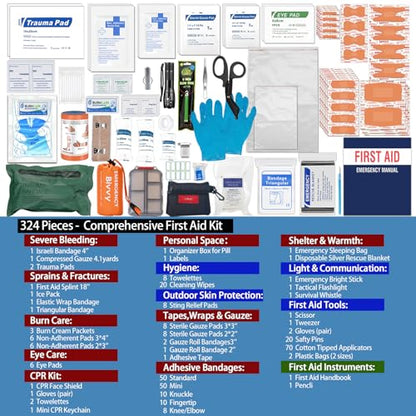 Besst Survivor Comprehensive First Aid Kits- Advanced Trauma Kits with Labeled Compartments, Large Emergencies Medical Kits for Car, Home, Camping and Outdoor Emergencies -324Piece Set - size: Max