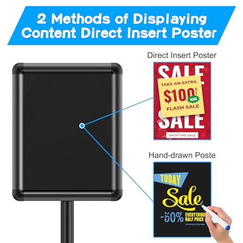 EHWINE 2 Pack Sign Holder Stand 8.5x11 Inch, Adjustable Floor Standing Sign Holder, Signage Stand with Snap-Open Frame Display and Chalkboard Insert for Charity Events, School Exhibitions, Retail Displays