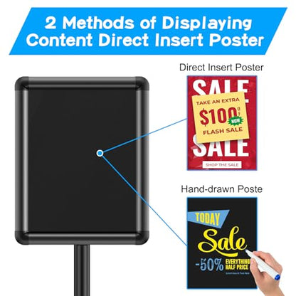 EHWINE 2 Pack Sign Holder Stand 8.5x11 Inch, Adjustable Floor Standing Sign Holder, Signage Stand with Snap-Open Frame Display and Chalkboard Insert for Charity Events, School Exhibitions, Retail Displays