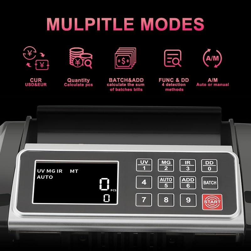 Money Counter, Cash Counter Machine with Value Count，Cash Counter for Dollar, Euro with UV/MG/IR/DD Counterfeit Detection, Add/Bat/Value Mode Bill Counting Machine with Large LCD Display