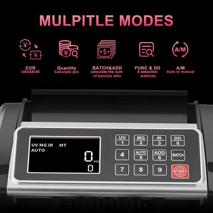 Money Counter, Cash Counter Machine with Value Count，Cash Counter for Dollar, Euro with UV/MG/IR/DD Counterfeit Detection, Add/Bat/Value Mode Bill Counting Machine with Large LCD Display