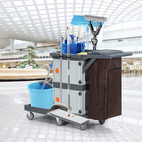 Rolling Cleaning Cart for Housekeeping, Commercial Janitorial Cart On Wheels with 2 Cabinets, Oxford Bag, Open Shelves, Plastic Housekeeping Cart Service Cart for Business Office