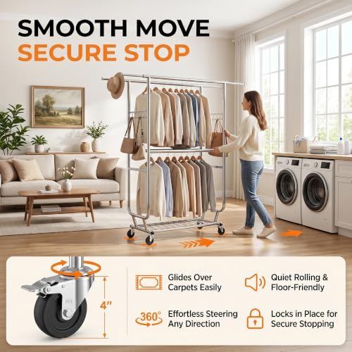 Heavy Duty Clothes Rack with Wheels, Garment Rack Load 660 LBS, Rolling Clothes Rack for Hanging Clothes, Height Adjustable& Scalable& Foldable, for home or commercial, 75"x 22"x 73", Silver - color: 4 Rods& Silver