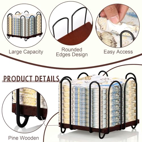 Square Metal Cocktail Napkin Holder 5x5 Wood Napkin Dispenser Black Flat Napkins Holder Brown Paper Napkins Storage Napkin Holder Caddy Deep Napkin Basket Napkin Organizer for Wedding Bar Party Table