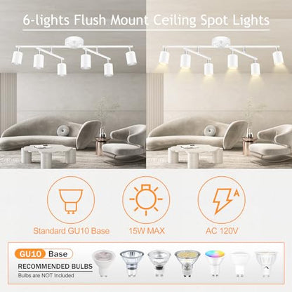 BoostArea 6 Light Track Lighting Kit, White 6 Way Ceiling Spot Lighting, Center Swivel Track Light Heads, Flexibly Rotatable Light Head for Kitchen, Living Room, Bedroom, GU10 Bulb Not Included - color: Rotatable-6 Light-white