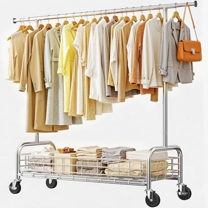 Raybee heavy duty clothes rack with wheels, 485LBS, Bottom Storage Basket - color: Chrome, style: Single Rod