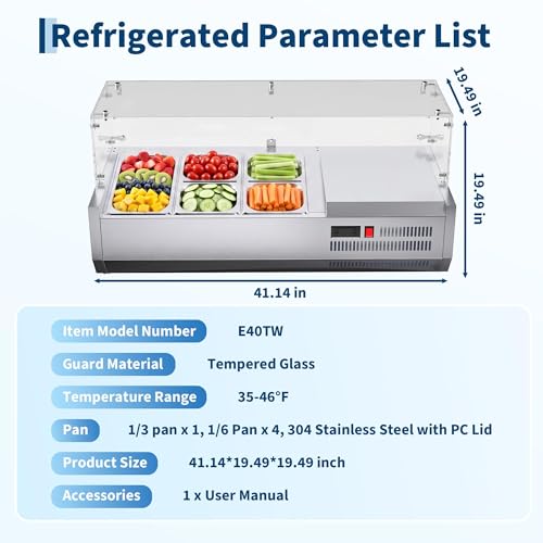 Refrigerated Condiment Prep Station, 130W Countertop Refrigerated Condiment Station, with One 1/3 & Four 1/6 Pans, 304 Stainless Body and PC Lid, Sandwich Prep Table with Glass Guard, ETL Certified - size: E40TW
