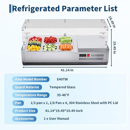 Refrigerated Condiment Prep Station, 130W Countertop Refrigerated Condiment Station, with One 1/3 & Four 1/6 Pans, 304 Stainless Body and PC Lid, Sandwich Prep Table with Glass Guard, ETL Certified - size: E40TW